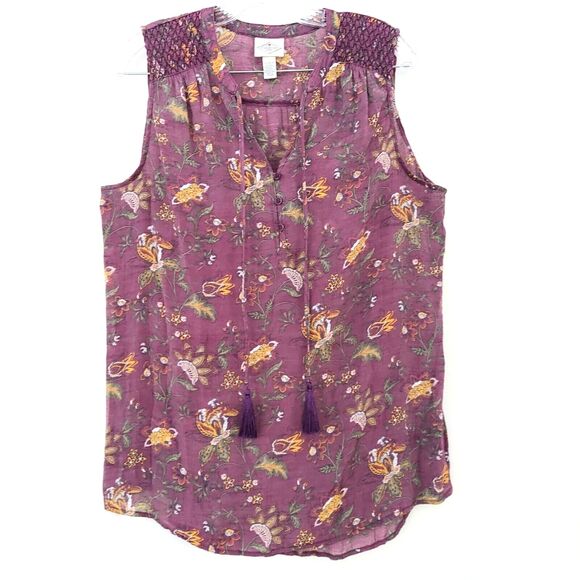 St John's Bay Sleeveless Blouse Large Mauve Dusty Pink Floral Tassels - Picture 1 of 7